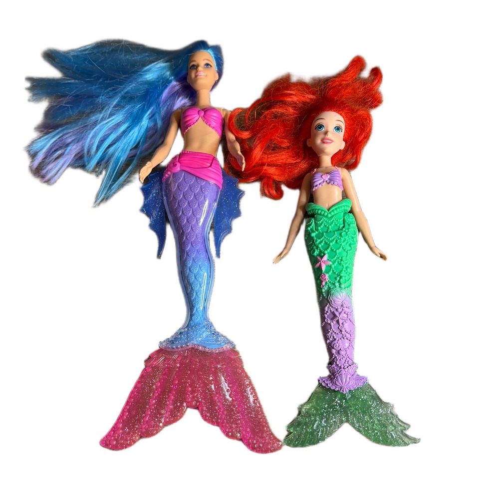 Mattel Barbie Mermaid & Disney Ariel Doll Lot Blue Red Hair Glitter Tails 2pc